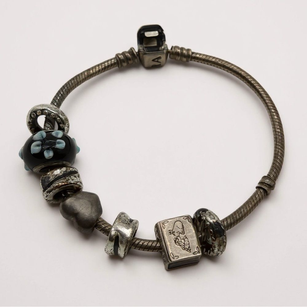 Pandora ALE 925 Sterling Silver Charm Bracelet with 6 Charms | Murano Glass Bead